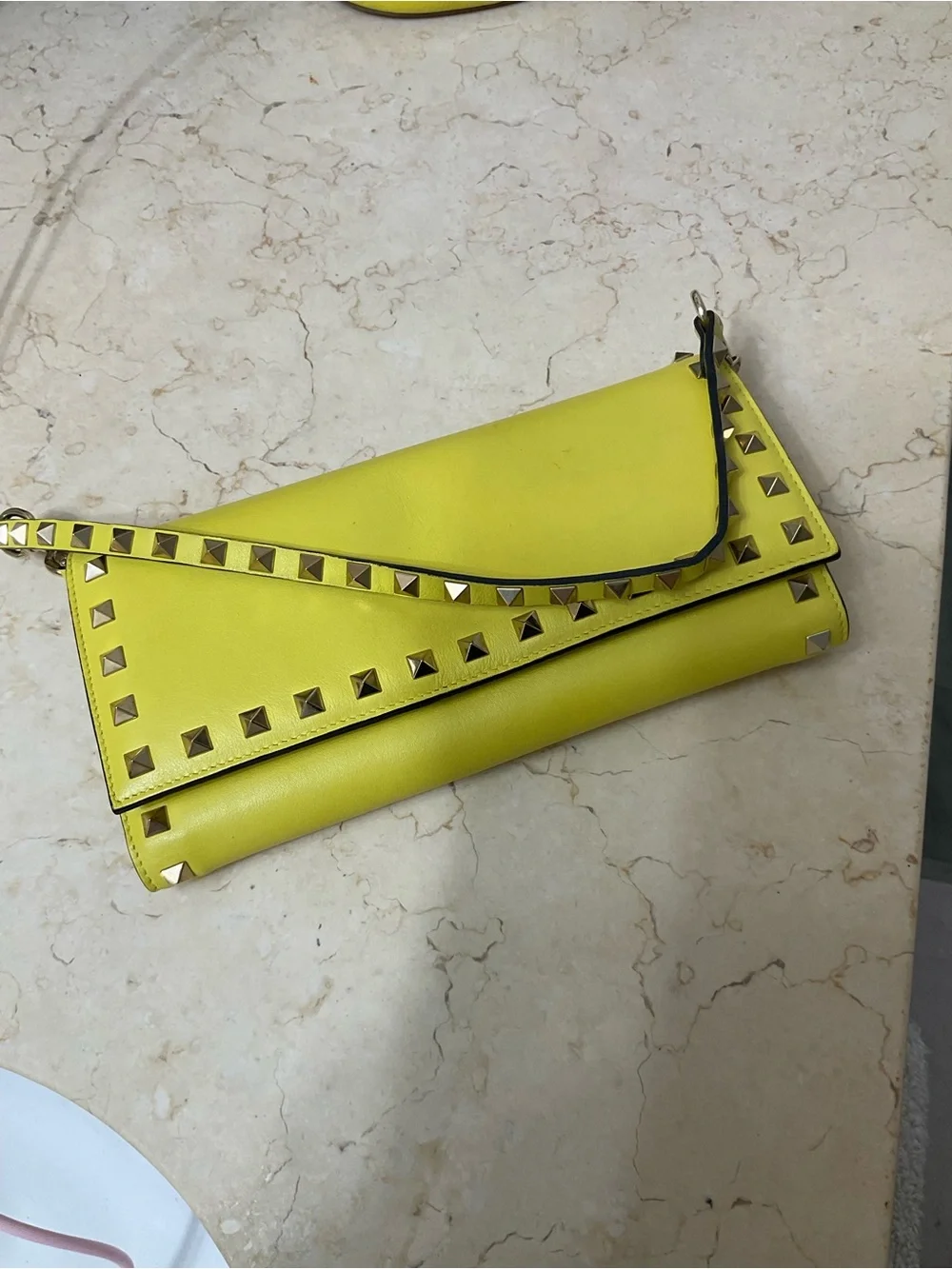 Valentino Neon Yellow Studded Leather Wristlet Clutch